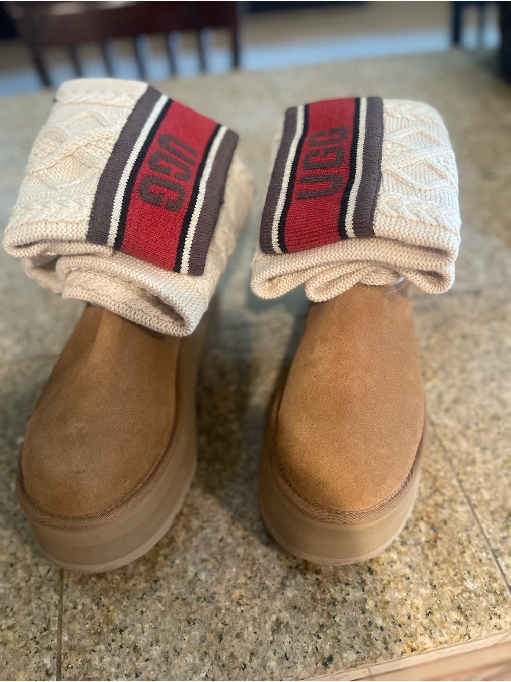 UGG Chestnut Suede Platform Ankle Boots with Cable Knit Cuffs. Warm and cozy.